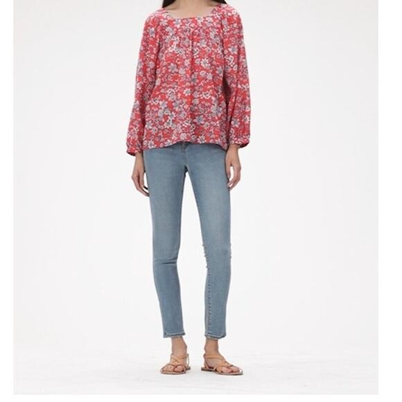GAP Blouson Sleeve Square Neck Blouse Red Floral Print Large Petite Romantic - Picture 1 of 11